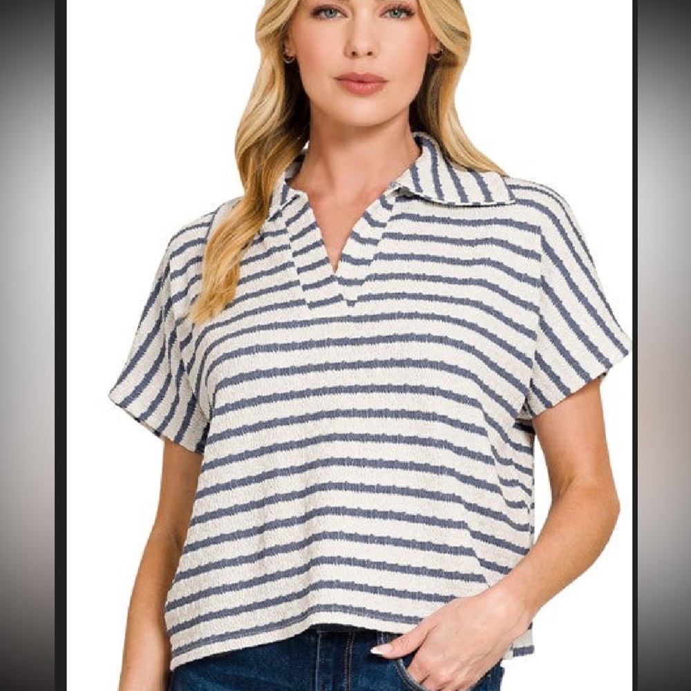 Striped Blue Denim and White Stripe Women's Top